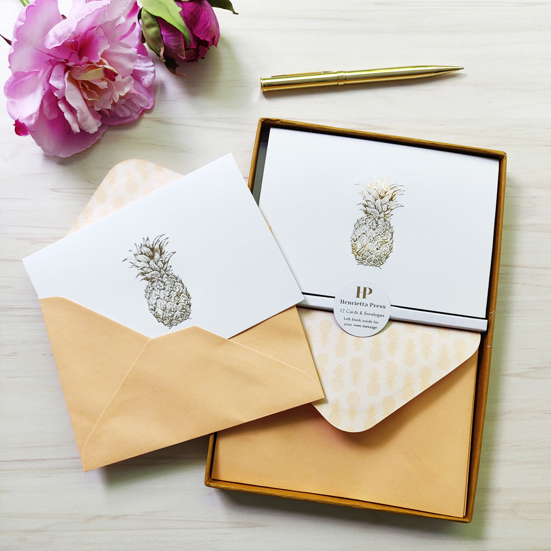 12 Notecards and Envelopes in Gift Box - Pineapple Design