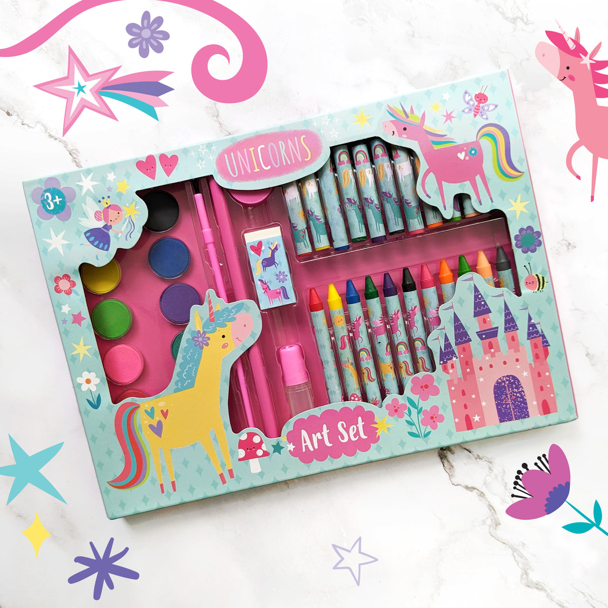 Unicorns Children's 42 Piece Art Set - For Ages 3 to 8 Years - Includes Paints and Crayons